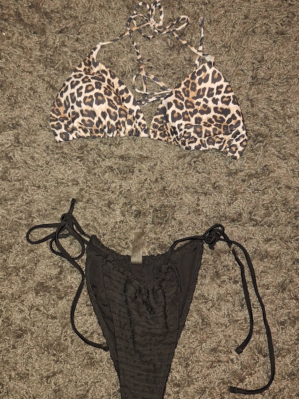 Amazon Leopard Print Triangle Bikini Top with Black Tie-Side Bottom